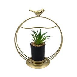 Figura Decorativa Candelabro Pajarito Dorado Con Mini Planta - Fliperex