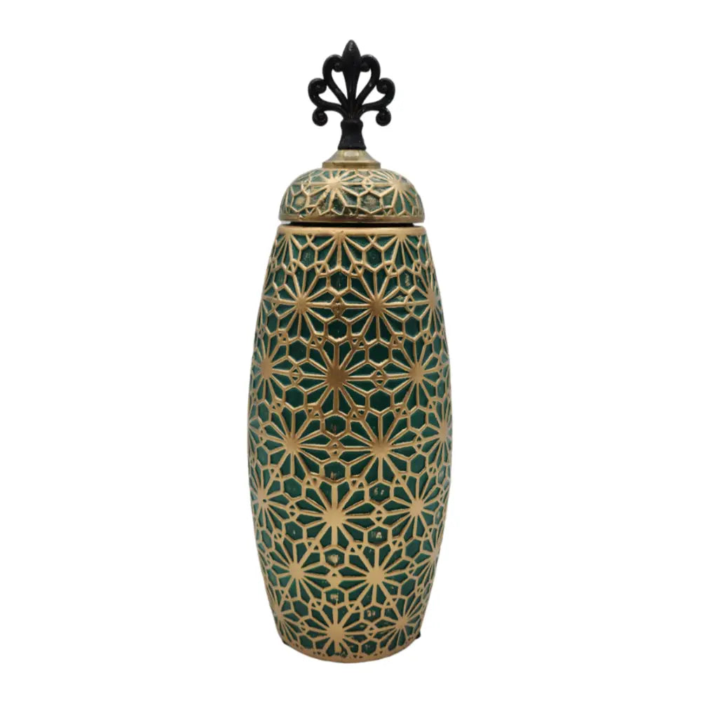 Jarron Florero Ceramica Verde Patrones En Dorado Alargado - Fliperex