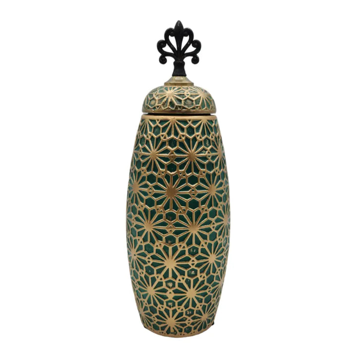 Jarron Florero Ceramica Verde Patrones En Dorado Alargado
