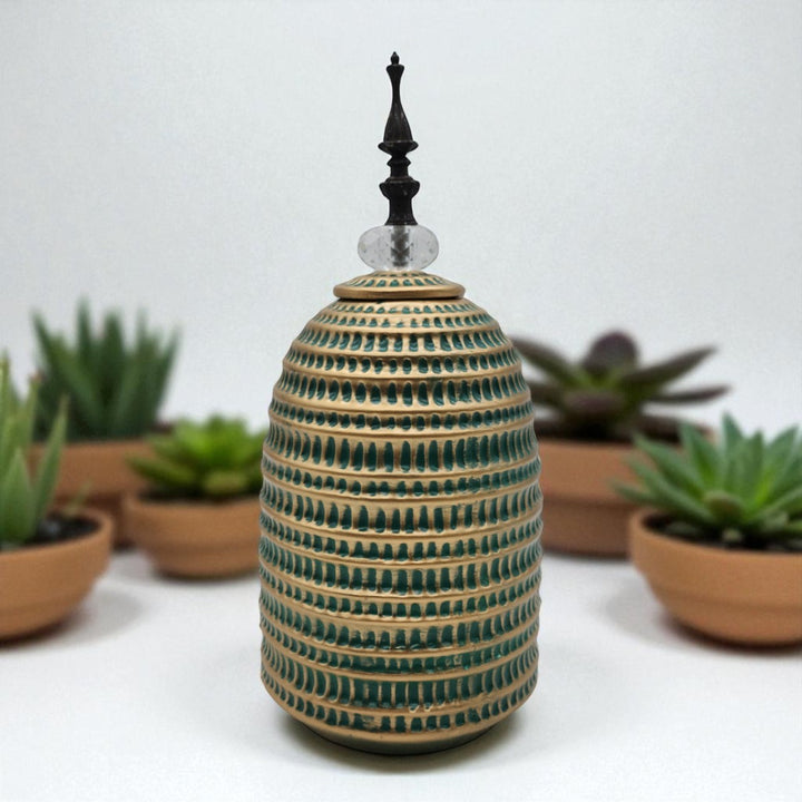 Jarron Florero Ceramica Decorativo Verde Con Dorado - vista 2