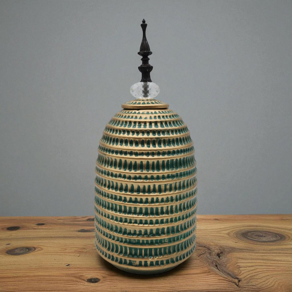 Jarron Florero Ceramica Decorativo Verde Con Dorado