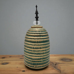 Jarron Florero Ceramica Decorativo Verde Con Dorado