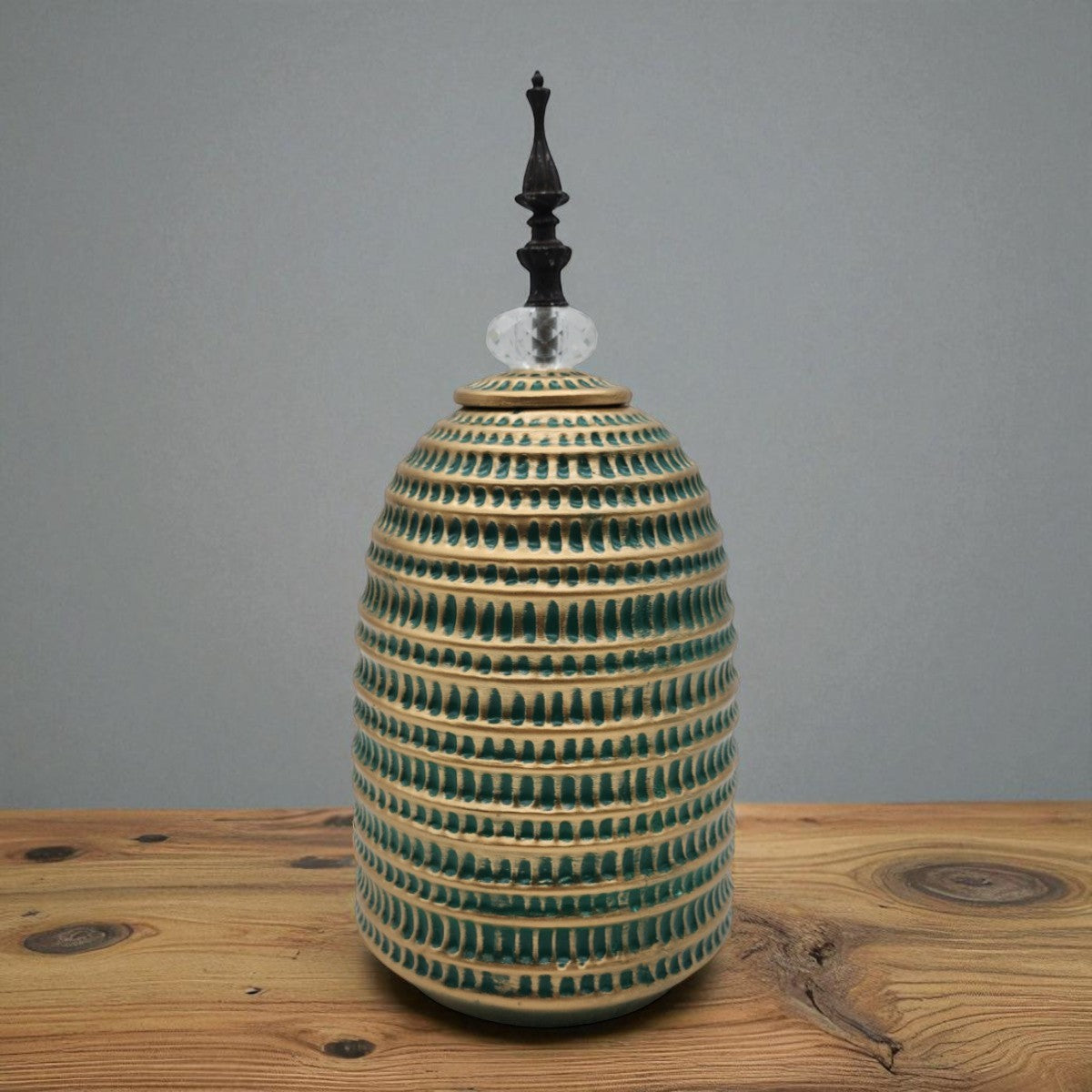 Jarron Florero Ceramica Decorativo Verde Con Dorado