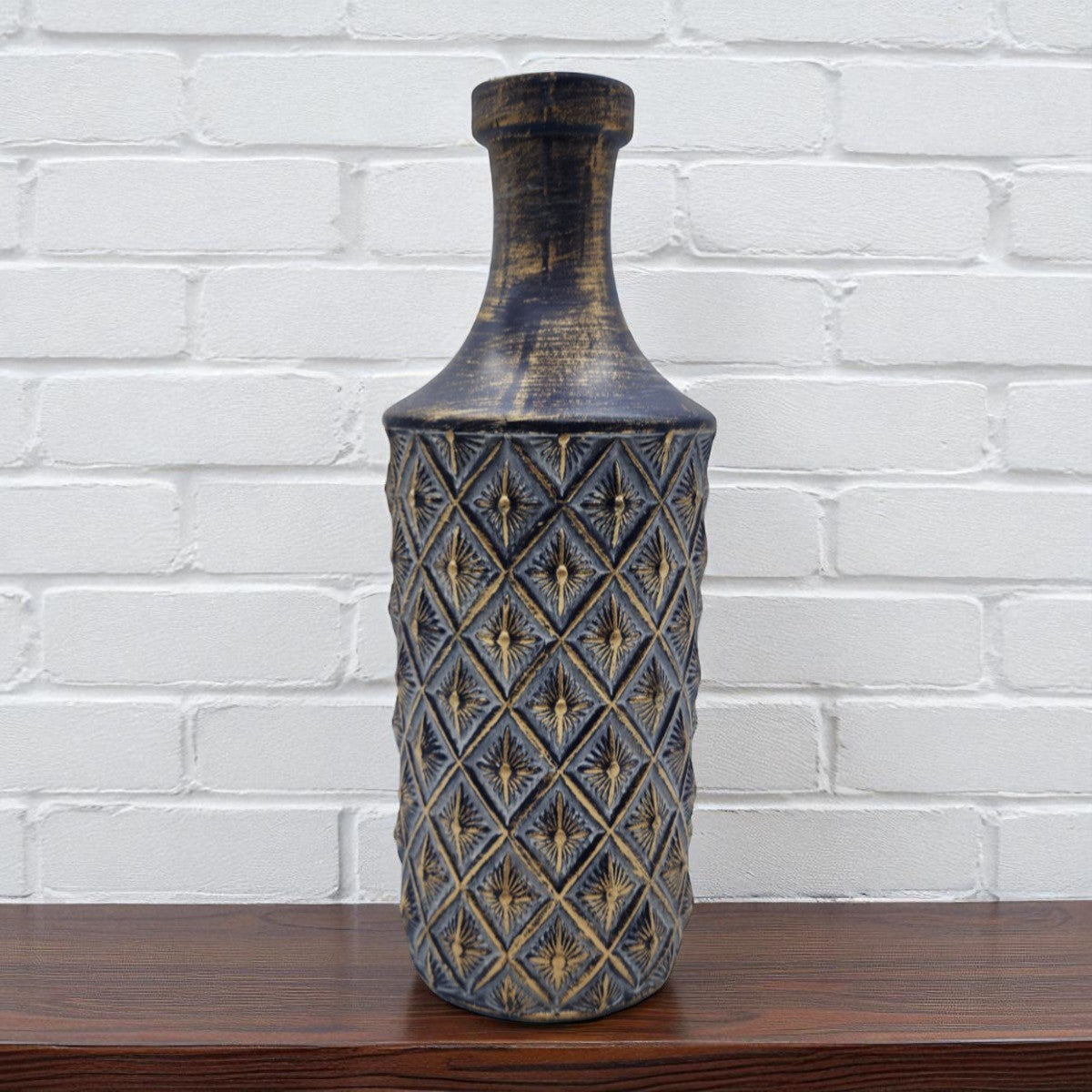 Jarron Florero Ceramica Diseño Rombos Azul Dorado Alargado