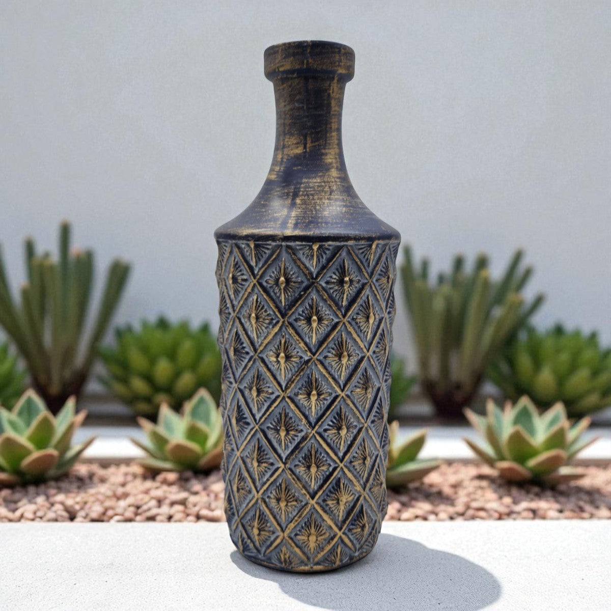 Jarron Florero Ceramica Diseño Rombos Azul Dorado Alargado