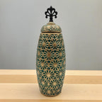 Jarron Florero Ceramica Verde Patrones En Dorado Alargado