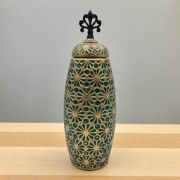 Jarron Florero Ceramica Verde Patrones En Dorado Alargado
