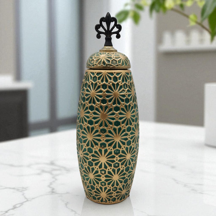 Jarron Florero Ceramica Verde Patrones En Dorado Alargado - vista 2