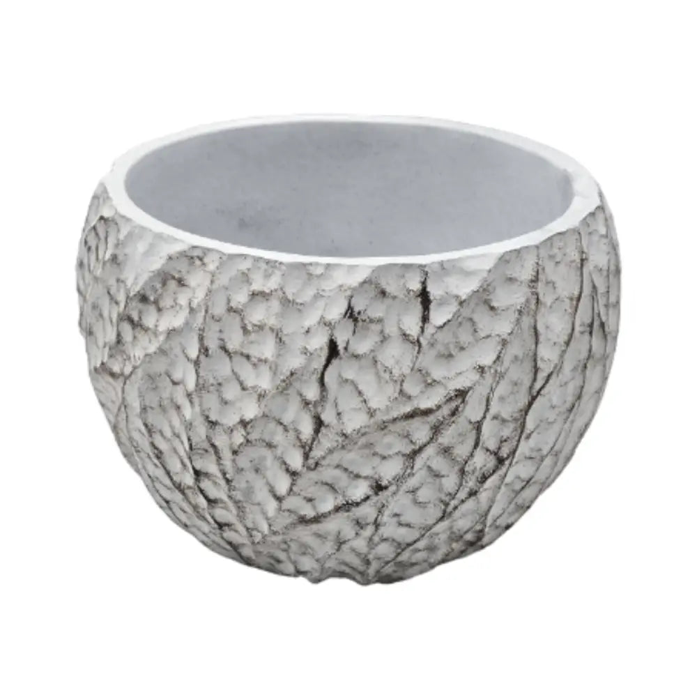Macetero Maceta Acabado Cemento Relieve Hojas Blanco L - Fliperex