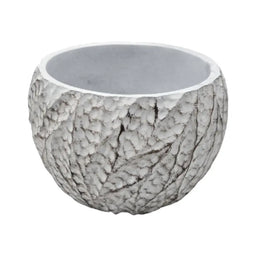 Macetero Maceta Acabado Cemento Relieve Hojas Blanco L - Fliperex