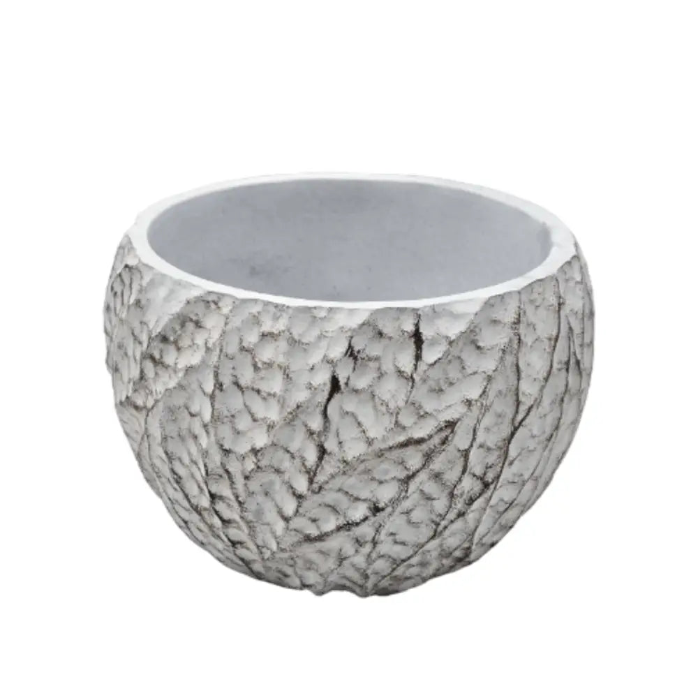Macetero Maceta Acabado Cemento Relieve Hojas Blanco M - Fliperex