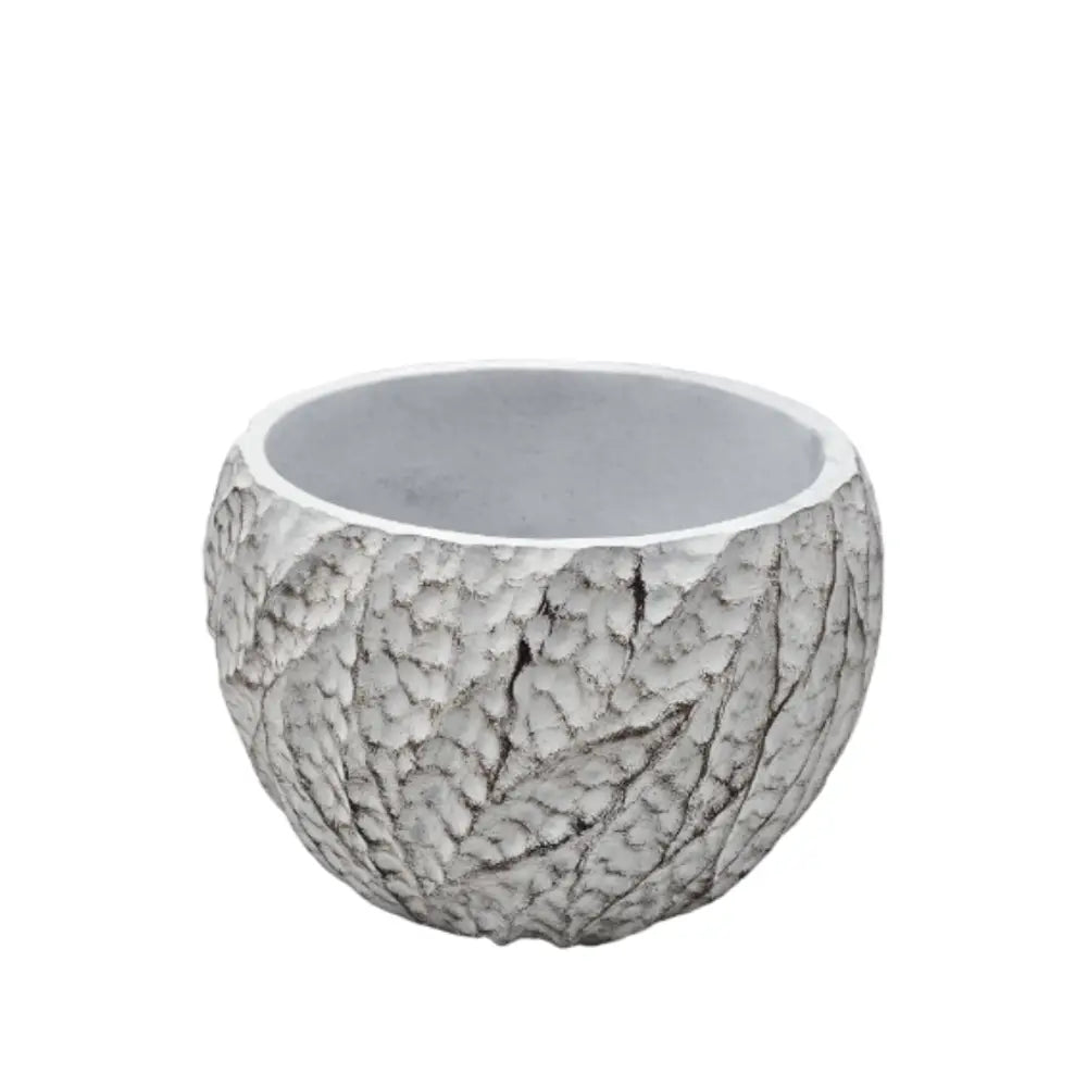 Macetero Maceta Acabado Cemento Relieve Hojas Blanco S - Fliperex