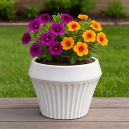 Macetero De Ceramica Blanco Mate Lineas Decorativas Maceta M