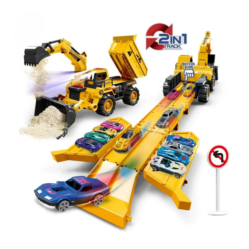 Retroexcavadora Porta Autitos 2 en 1 Rampa Pista Lanzamiento