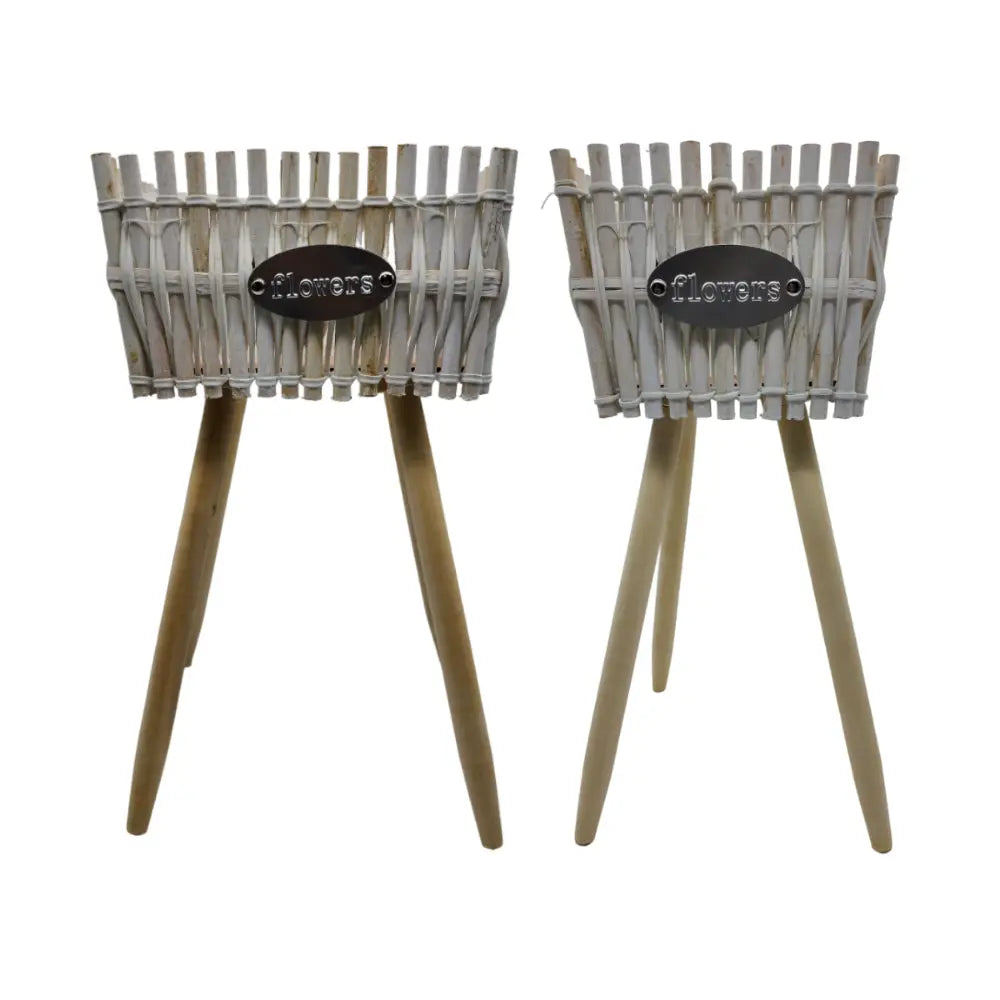 Set 2 Macetero Pedestal Madera Rustico Porta Macetero Blanco - Fliperex