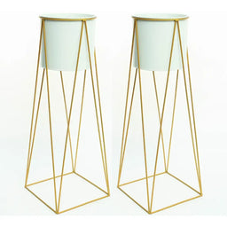 Set 2 Porta Maceteros Pedestal Igual Tamaño Blanco Dorados - Fliperex