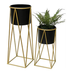 Set 2 Porta Maceteros Pedestal Maceta Plantas Negro Dorados - Fliperex