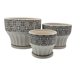 Set 3 Macetero Maceta De Ceramica Blanco Patrones Negro Alto - Fliperex