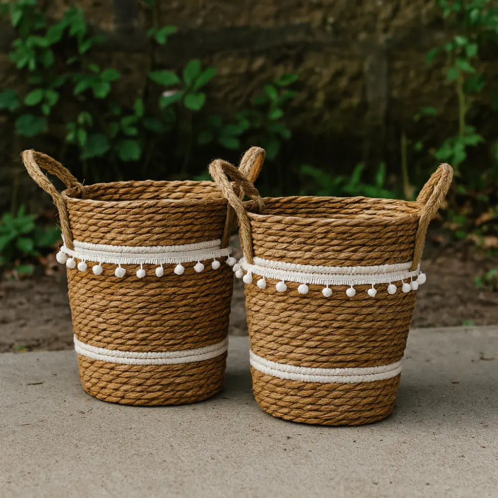 Set 2 Canastos Cesta Yute Diseño Algodón Tejido Rustico