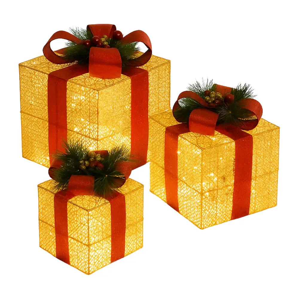 Set 3 Cajas de Regalo Navidad Decorativas Adorno Con Luces