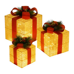 Set 3 Cajas de Regalo Navidad Decorativas Adorno Con Luces