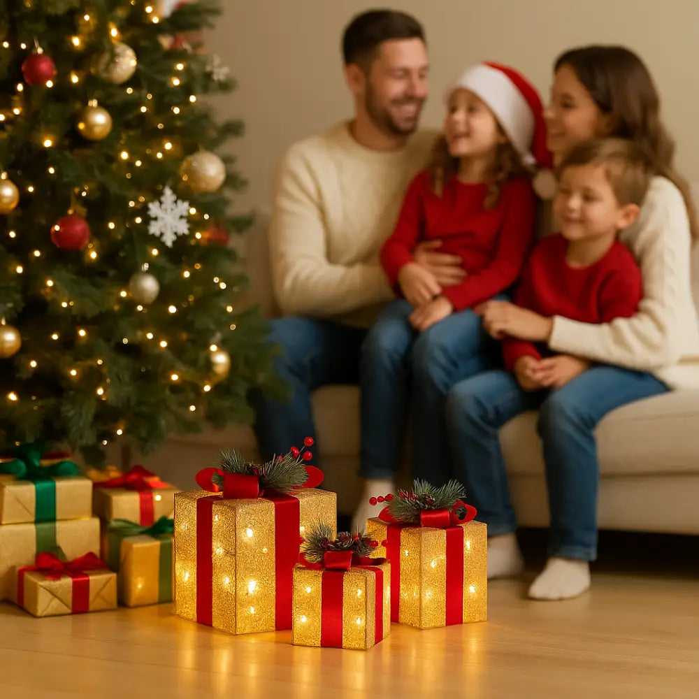 Set 3 Cajas de Regalo Navidad Decorativas Adorno Con Luces