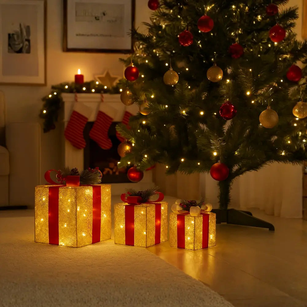 Set 3 Cajas de Regalo Navidad Decorativas Adorno Con Luces