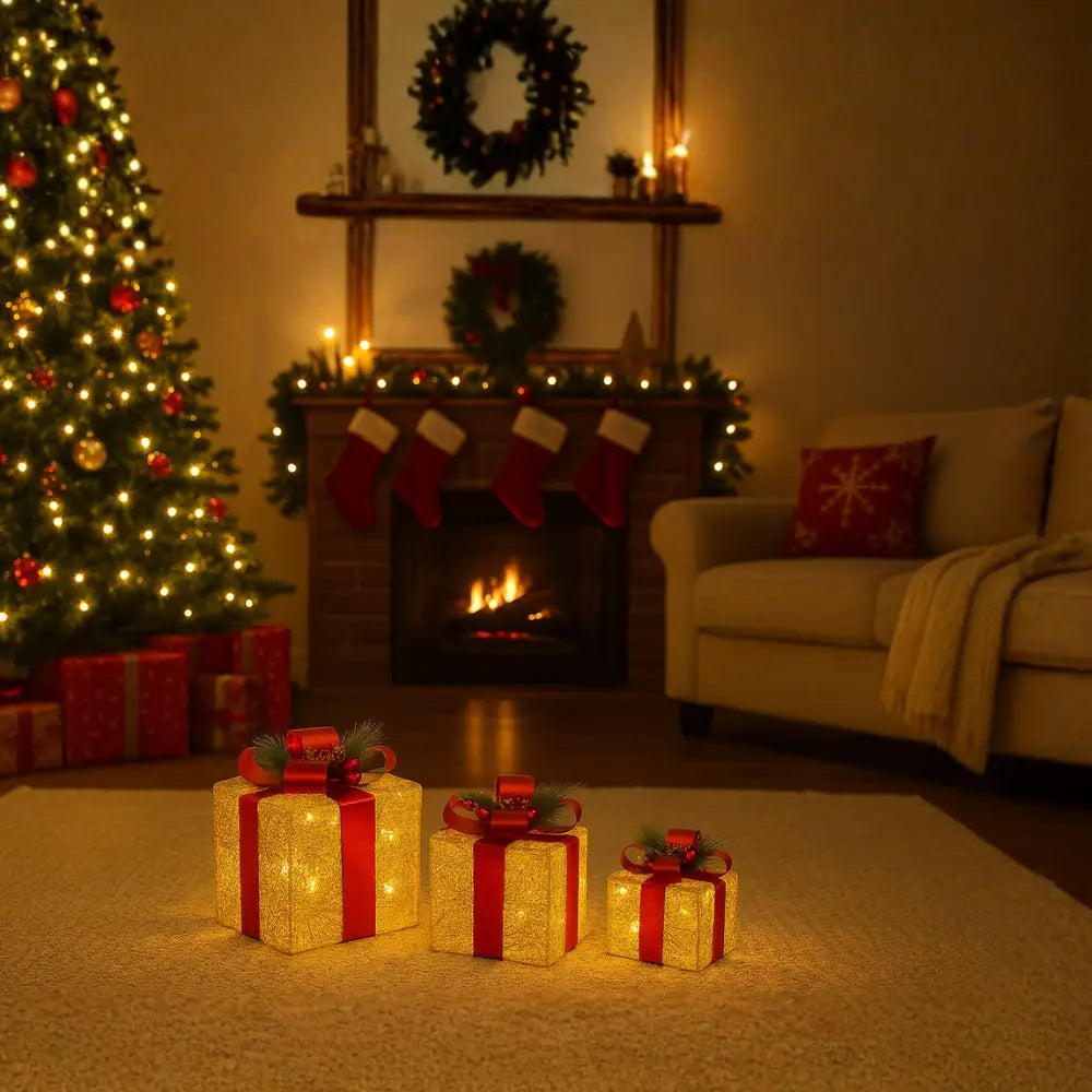 Set 3 Cajas de Regalo Navidad Decorativas Adorno Con Luces