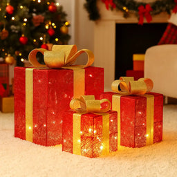 Set 3 Cajas de Regalo Navidad Decorativas Con Luces Adorno