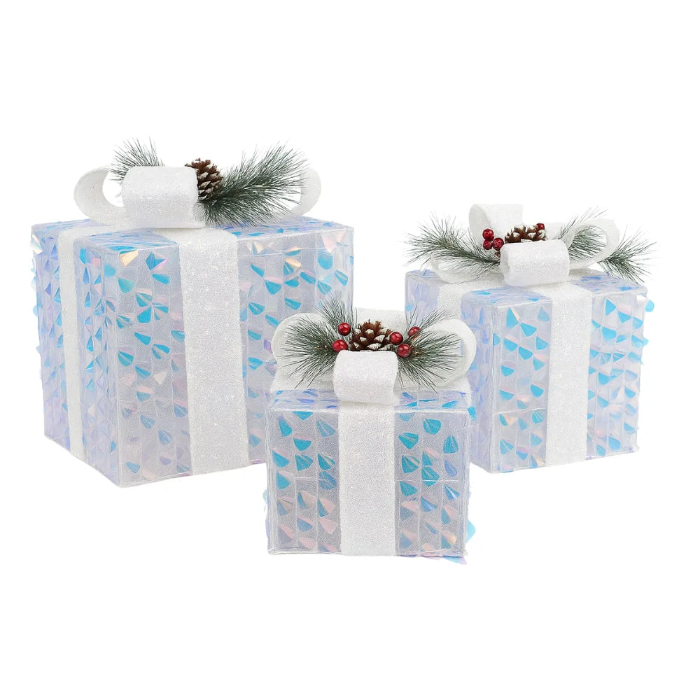 Set 3 Cajas de Regalo Navidad Decorativas Tornasol Con Luces