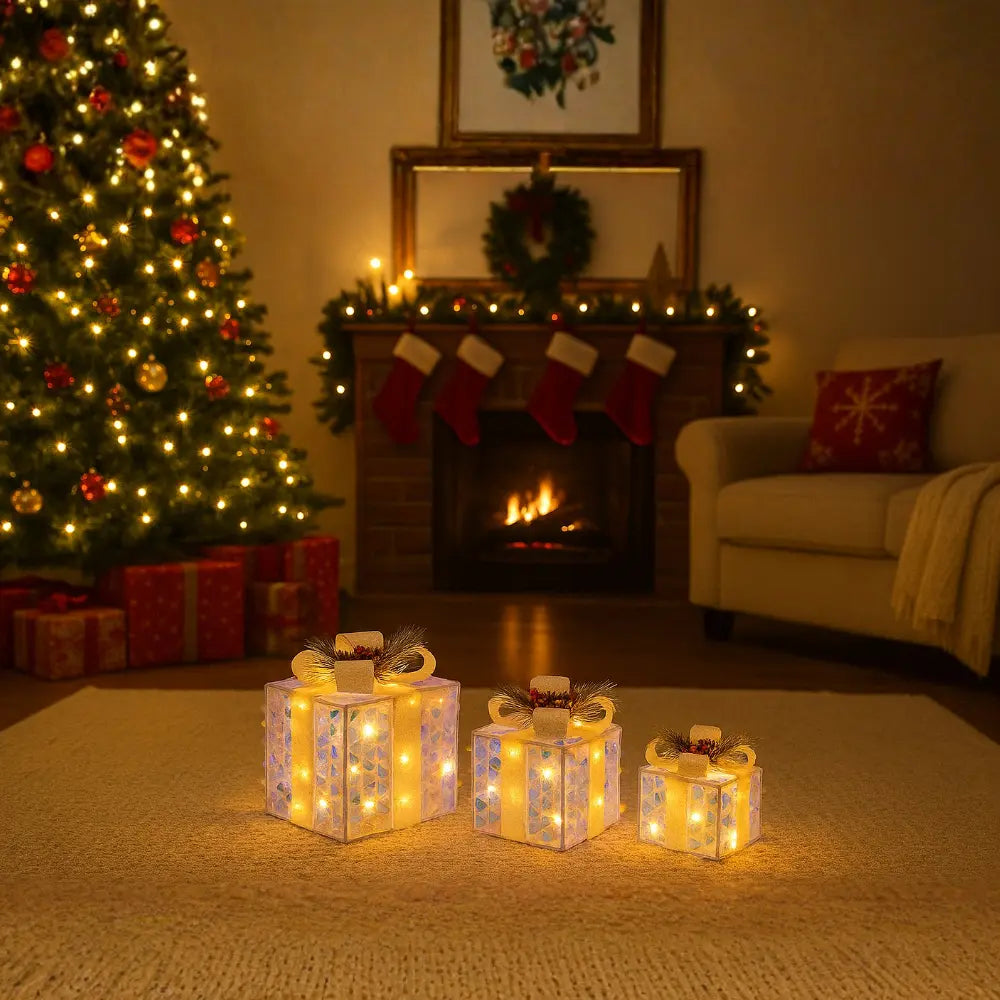 Set 3 Cajas de Regalo Navidad Decorativas Tornasol Con Luces