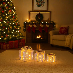 Set 3 Cajas de Regalo Navidad Decorativas Tornasol Con Luces