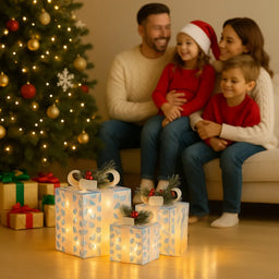 Set 3 Cajas de Regalo Navidad Decorativas Tornasol Con Luces