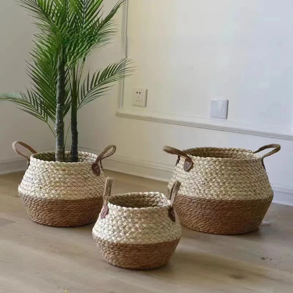 Set 3 Macetero Cesto Maceta De Yute Tejida Plegable Con Asas