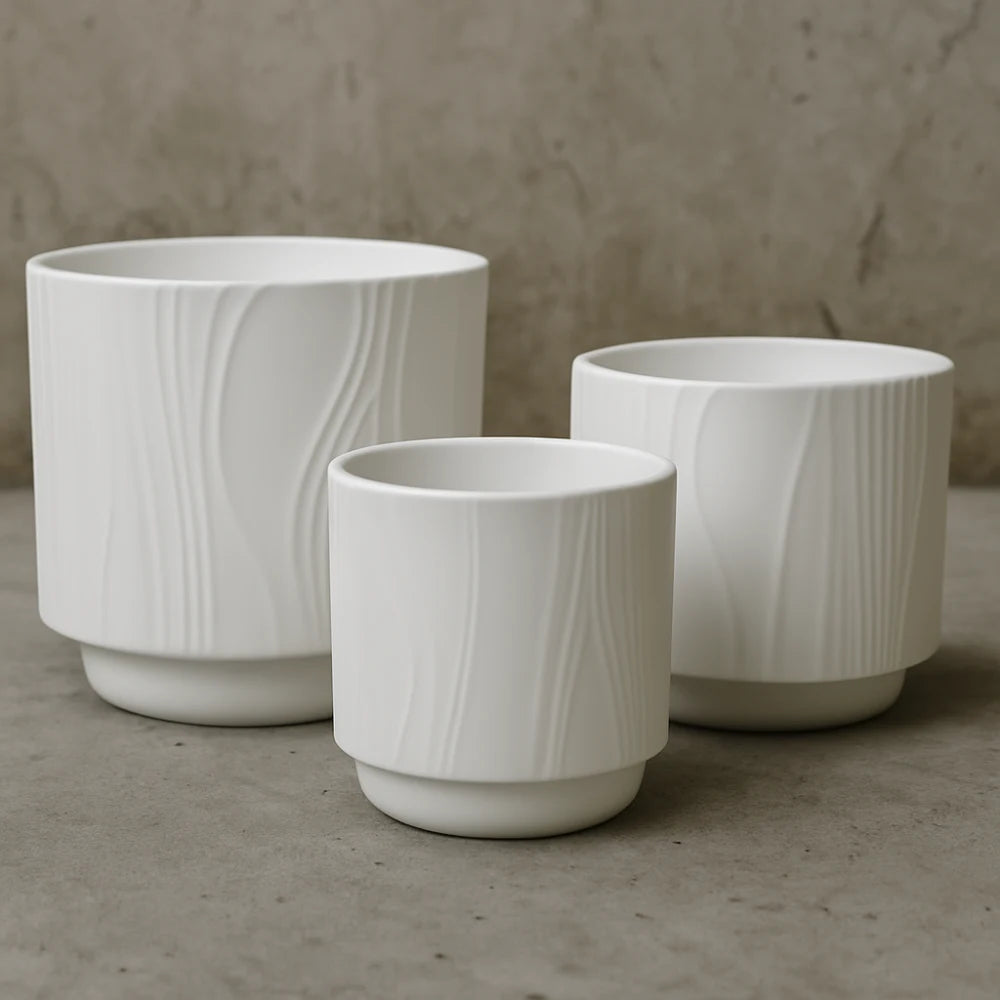 Set 3 Maceteros Maceta De Ceramica Blanco Con Lineas