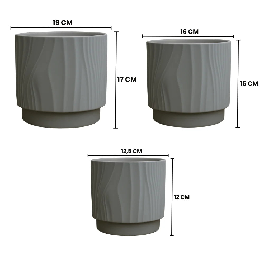 Set 3 Maceteros Maceta De Ceramica Gris Con Lineas