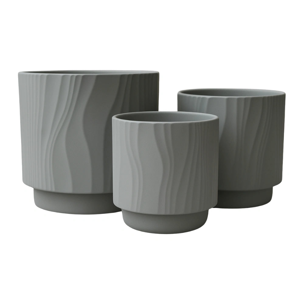 Set 3 Maceteros Maceta De Ceramica Gris Con Lineas