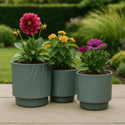 Set 3 Maceteros Maceta De Ceramica Gris Con Lineas