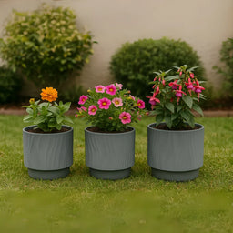 Set 3 Maceteros Maceta De Ceramica Gris Con Lineas