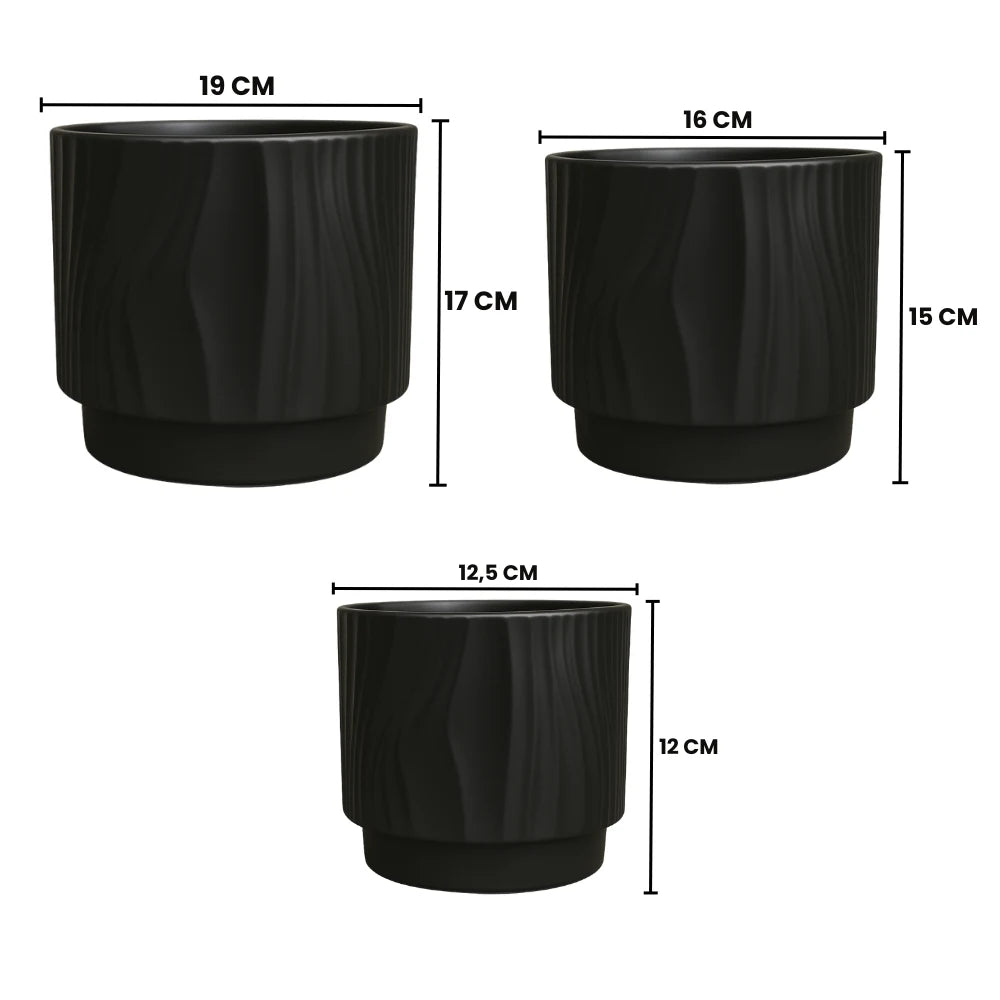 Set 3 Maceteros Maceta De Ceramica Negro Con Lineas