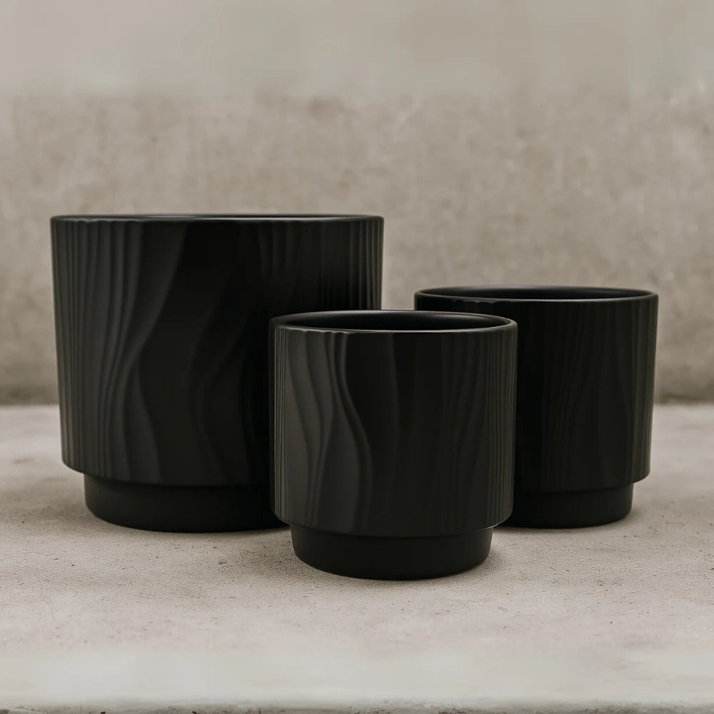 Set 3 Maceteros Maceta De Ceramica Negro Con Lineas