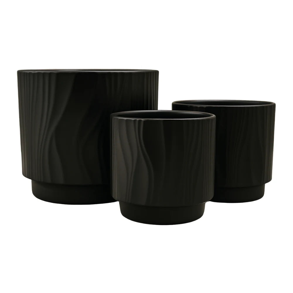 Set 3 Maceteros Maceta De Ceramica Negro Con Lineas