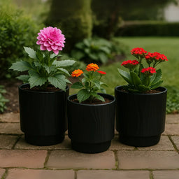 Set 3 Maceteros Maceta De Ceramica Negro Con Lineas