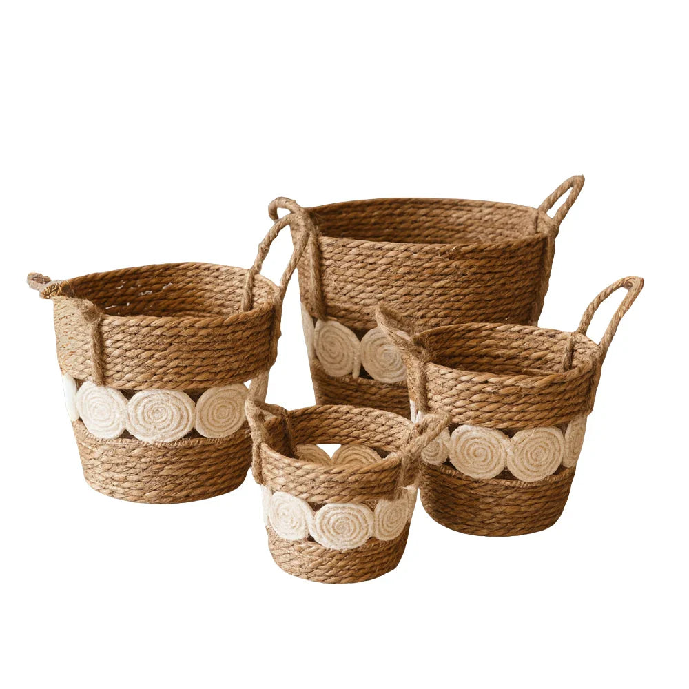 Set 4 Canasto Cesta Yute Diseño Circulos Tejido Estilo Rustico