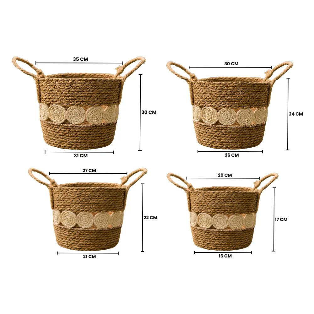Set 4 Canasto Cesta Yute Diseño Circulos Tejido Estilo Rustico