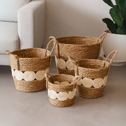Set 4 Canasto Cesta Yute Diseño Circulos Tejido Estilo Rustico