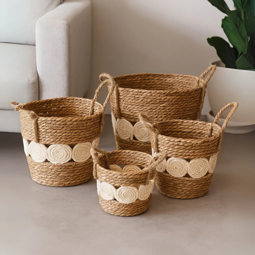 Set 4 Canasto Cesta Yute Diseño Circulos Tejido Estilo Rustico