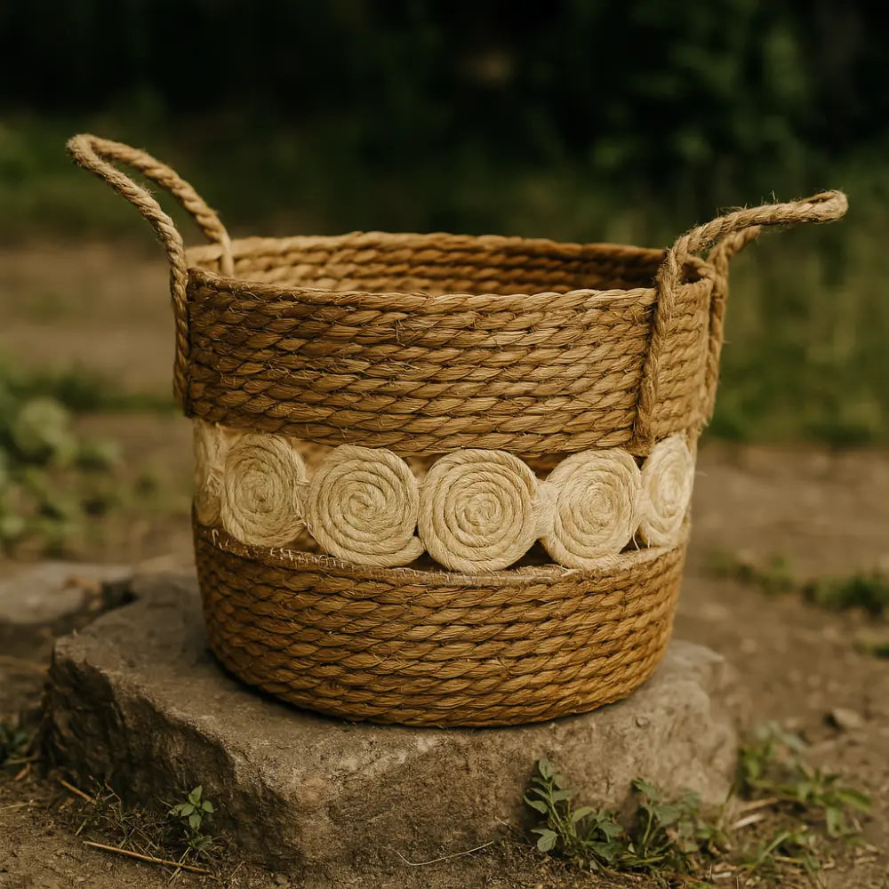 Set 4 Canasto Cesta Yute Diseño Circulos Tejido Estilo Rustico