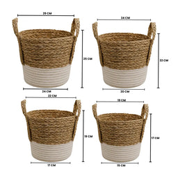 Set 4 Canastos Cesta Algodón Tejido Nudo Color Blanco Asas