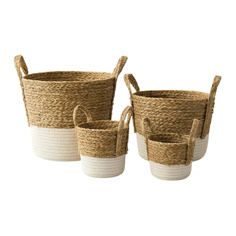 Set 4 Canastos Cesta Algodón Tejido Nudo Color Blanco Asas